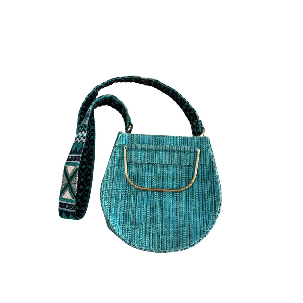 Free People Melrose Straw Woven Turquoise Crossbody Bag Guitar Strap Gold Handle